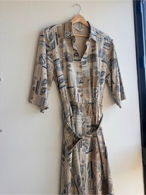 Rare Vintage Linen 70s/80s Printed Button-Front Midi Dress with Tie Waist